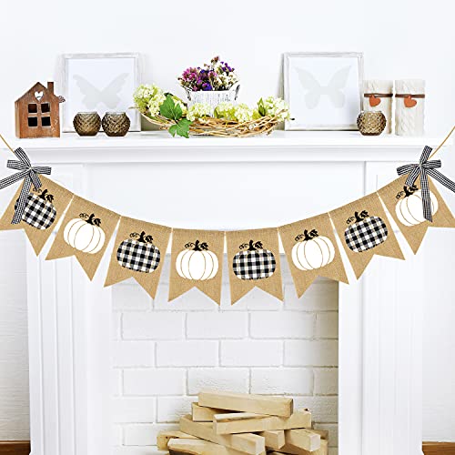 Doumeny Plaid Pumpkin Burlap Banner Buffalo Check Fall Banner Jute White Pumpkins Bunting Garland Autumn Harvest Bunting Flag Thanksgiving Party Banner for Home Wall Mantel Fireplace Farmhouse Decor