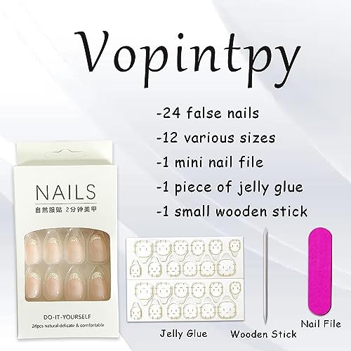 Silver French Tip Press on Nails Medium Length Oval Fake Nails Glossy Nude False Nails Reusable Artificial Nails Natural Glue on Nails for Women DIY Manicure Decoration Stick on Nails