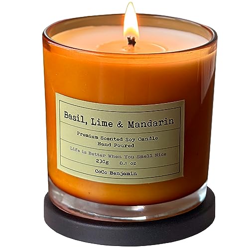 (Basil, Lime & Mandarin) 100% Soy, Hand Poured Soy Candle, Highly Scented, 8.1oz