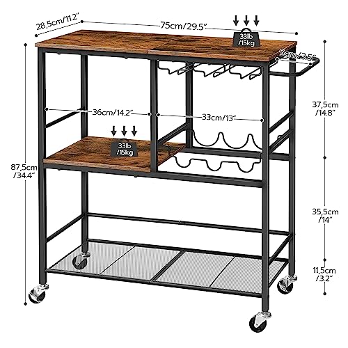 HOOBRO Bar Cart for The Home, 29.5 inches 3-Tier Serving Cart with Wheels, Rolling Kitchen Cart with Wine Rack and Glass Holder for Living Room, Party, Bar, Rustic Brown and Black BF21TC01