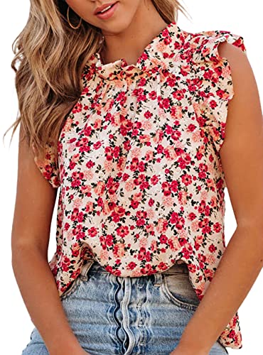 Allimy Women Summer Casual 2022 Sleeveless Chiffon Blouses Floral Loose Fit Tank Tops Red Medium