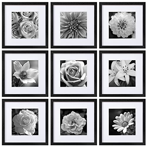 eletecpro 12x12 Picture Frames Set of 9 Classic Gallery Wall Frame Set Displays 8x8 Photo with Mat or 12x12 without Mat, Square Picture Frames Collage Wall Decor, Black Modern Home Decor for Hanging