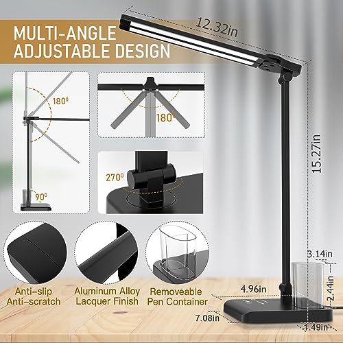 LED Desk Lamp Dimmable Table Lamp with USB Charging Port, 50 Lighting Modes, Adjustable Foldable Dual Swing Arm Architect Desk Lamp for Home Office, Eye-Caring Reading Lamp w/ Pen Holder 45min Timer