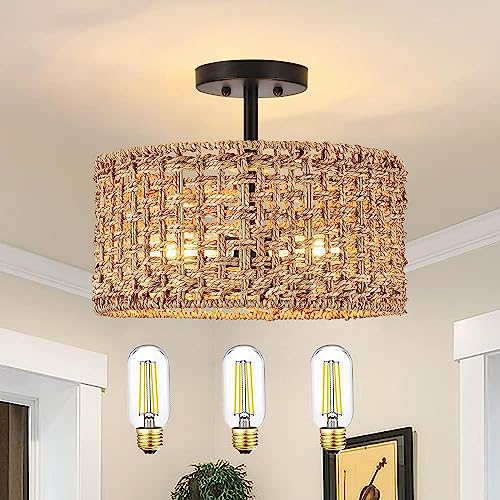 Rattan Semi Flush Mount Ceiling Light Fixture,Boho Hand Woven Wicker Shade Rattan Chandeliers,3-Lights Black Farmhouse Rustic Close To Ceiling Lighting Fixtures For Bedroom Living Room Kitchen Hallway