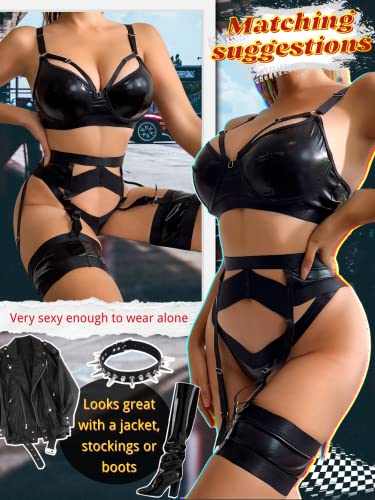 Kaei&Shi Garter Belt Thong Lingerie for Women,Strappy Hollow Out Sexy Lingerie,Underwire Mesh Sheer Matching 4 Piece Lingerie Set Boudoir Black Leather Medium