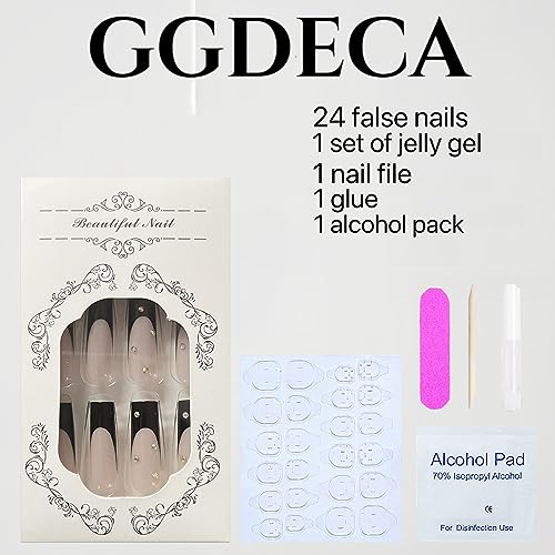 French Tip Press on Nails Medium Square Fake Nails Black Nude Glue on Nails Glossy Rhinestone False Nails With Design Cute Acrylic Nails Holiday or Summer for Women Nail Art 24pcs