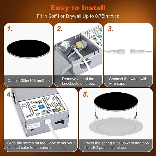 ZYC Canless LED Recessed Lighting 4 Inch 6 Pack 5CCT Ultra-Thin Recessed Downlight Lights with Night Light Mode, 9W 800LM Dimmable Retrofit Wafer Recessed Ceiling Light, 1800K to 5000K ETL&FCC