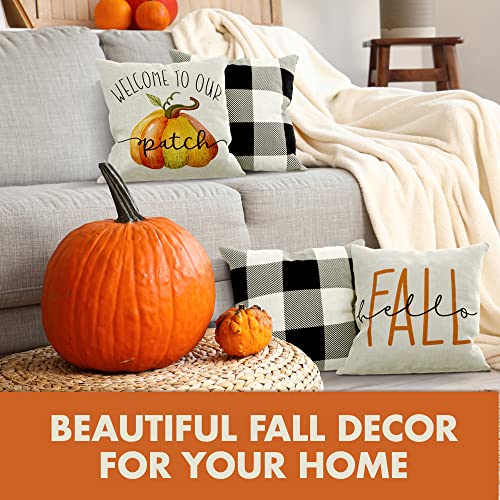 Beautiful Fall Pillow Covers 18" x 18" - Four Modern Buffalo Plaid Farmhouse Design Throw Pillow Covers - These Pumpkin Decor Accents Are The Perfect Addition to Your Indoor/Outdoor Home Decoration