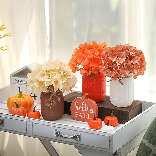 2023 Fall Mason Jars, Fall Centerpiece Table Settings, Wood Tray with 3 Painted Jars, Dining Coffee Table Centerpiece For Kitchen Living Room Harvest Mason Jar Decor with Flowers, Thanksgiving Day