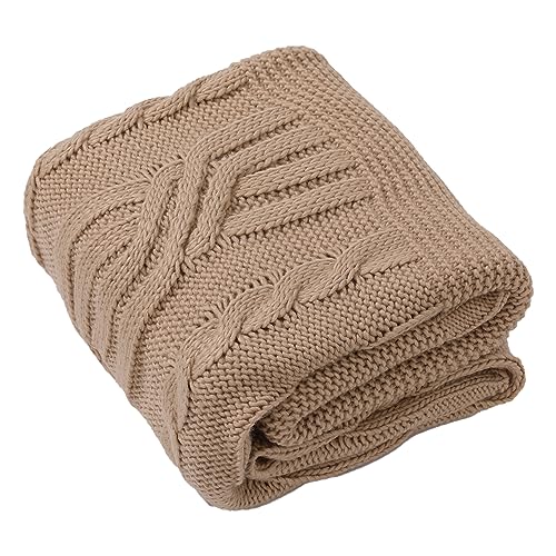 Amélie Home Cable Knit Throw Blanket, Soft Cozy Lightweight Knit Throw Blanket, Farmhouse Soft Fall Light Throw Blanket for Couch Sofa Bedroom, 50" x 60", Beige