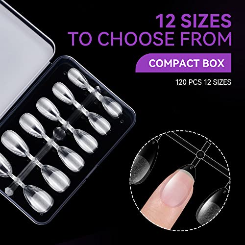 Gelike ec Short Almond Nail Tips: XS Soft Gel Tips Almond Shaped Full Cover Gel X Nails Pre Etched for Extensions - PMMA Resin Clear Strong False Press on Nails 120PCS 12 Sizes, EXTRA SHORT ALMOND