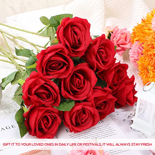 50 Pcs Artificial Rose Flower Realistic Silk Roses with Stem Bouquet of Flowers Plastic Flowers Real Looking Fake Roses for Home Wedding Centerpieces Party Decorations (Red)