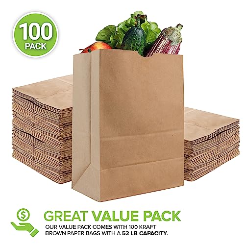 Stock Your Home 52 Lb Kraft Brown Paper Bags (100 Count) - Kraft Brown Paper Grocery Bags Bulk - Large Paper Bags for Grocery Shopping