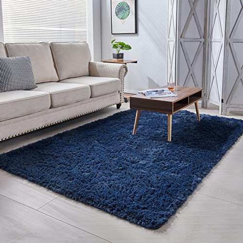 ANVARUG 3x5 Feet Small Area Rug, Upgrade Anti-Skid Durable Rectangular Cozy Rug, High Pile Shag Carpet Rugs for Indoor Home Decorative, Navy Blue
