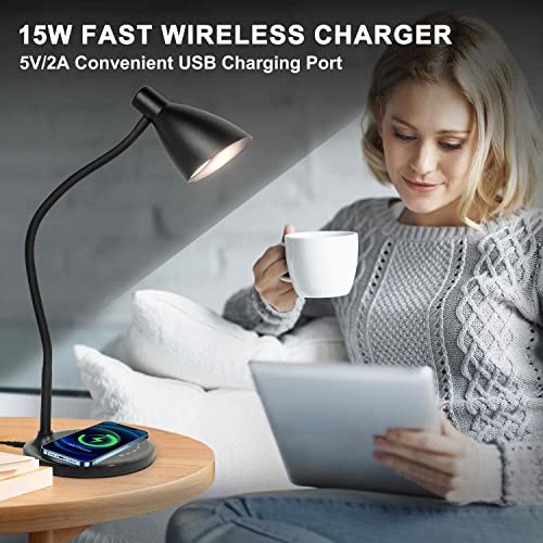 Desk Lamp, Reading Lamp with USB Charging Port 15W Fast Wireless Charger 5 Lighting Modes 7 Brightness Dimmable Eye Care Touch Bedside Table Lamp Gooseneck Desk Lamp for Home Office Dorm with Adapter