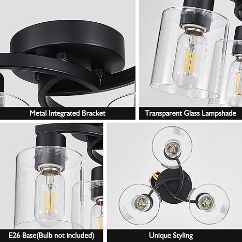 Flush Mount Ceiling Light, 3-Light Close to Ceiling Light Fixtures, Matte Black Bedroom Light Fixtures with Clear Glass Shades, Hallway Light Fixtures with E26 Socket for Kitchen Entryway Foyer