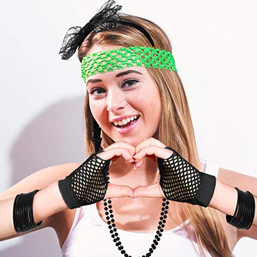 WILLBOND 80s Costume Accessories Set Leg Warmers Headband Gloves Earrings Bracelet Beads (Black)