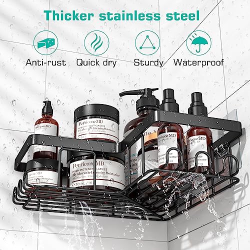 YASONIC Corner Adhesive Shower Caddy, with Soap Holder and 12 Hooks, Rustproof Stainless Steel Bathroom Organizer, No Drilling Wall Mounted Rack, Black, 3-Pack