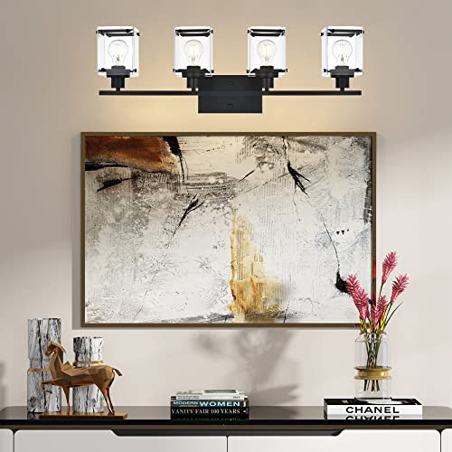 MELUCEE Bathroom Light Fixtures 4 Lights Matte Black Vanity Light with Rectangular Clear Glass Shade, Modern Metal Sconces Wall Lighting for Mirror Kitchen Bedroom Powder Room