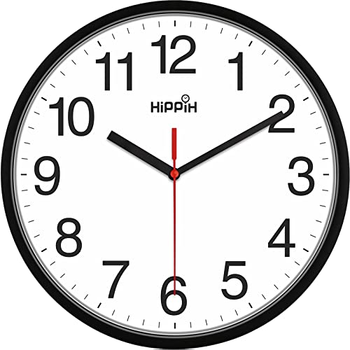 HIPPIH Clock Black Wall Clock Silent Non Ticking Quality Quartz - 10 Inch Round Easy to Read for Home Office & School Decor Clock