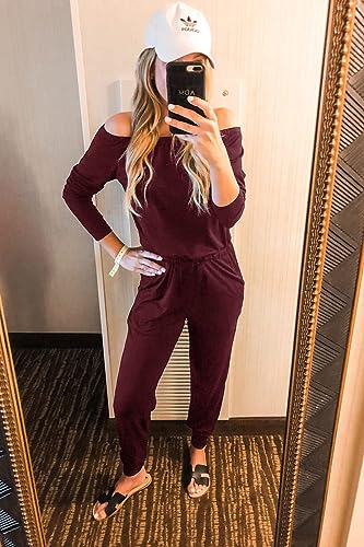 PRETTYGARDEN Women's Casual Long Sleeve Jumpsuit Crewneck Off Shoulder Elastic Waist Stretchy Romper (Wine Red,Medium)