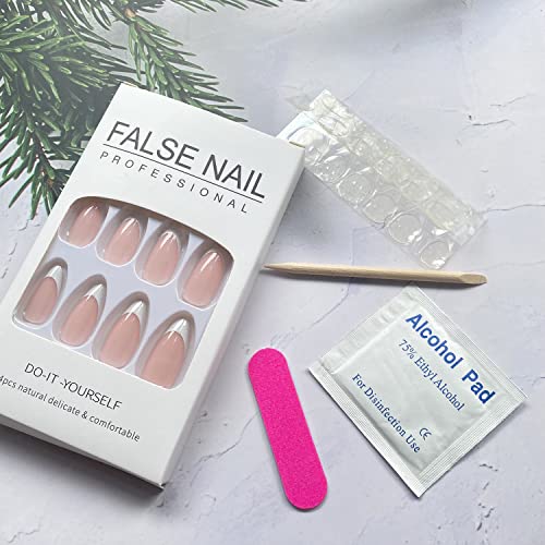 French Tip Medium Press on Nails Almond Shaped Fake Nails Nude of White Nail Tip Acrylic Nails Glossy Artificial Nails Summer Stick on Nails Full Cover Glue on Nails for Women 24Pcs