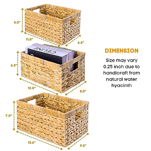 M4DECOR Set of 3 Wicker Storage Basket, Water Hyacinth Storage Baskets, Wicker Storage Baskets for Shelves, Wicker Baskets for Storage, Woven Baskets for Storage (Natural Set 3 Sizes SML)