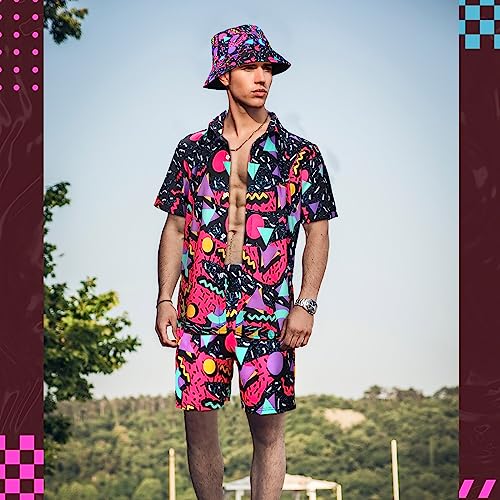 Men's 2 Pieces 70s 80s 90s Outfit Retro Shirts and Shorts Set with Hat Hawaiian Beach Tracksuits for Men Disco Party (Fresh,Medium)