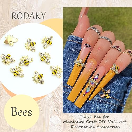 RODAKY 10 Piece 3D Bee Shape Nail Art Charms Gold Alloy Nail Jewelry for DIY Design Cute Kawaii Shiny Nail Crystal Rhinestone Crafts Decoration Nail Accessories for Women and Girls