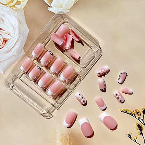 24 Pcs Medium Square Fake Nails French Tip Press on Nails, Glossy Glue on Nails Full Cover False Nails with Rhinestones & Flowers Designs Medium White Nail Tips Pink Acrylic Nails for Women Girls