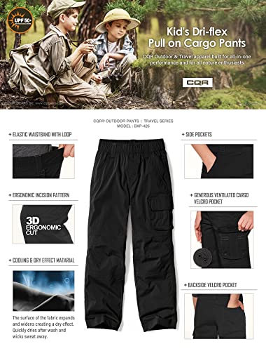 CQR Kids Youth Hiking Cargo Pants, Outdoor Camping Pants, UPF 50+ Quick Dry Regular Pants, Regular Driflex Black, Small