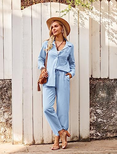 Zeagoo Womens Coordinated Outfit 2 Piece Linen Sets Button Down Linen Shirts Summer Loose Long Pants, 1light Blue, Large