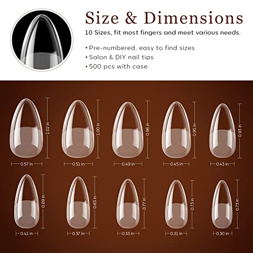 Modelones Medium Almond Nail Tips - 500Pcs Pre-shaped Half Matte Full Cover False Nails Gel Nail Tips No Filed Stronger Adhesion Acrylic False Press on Nails for Nail Extension Nail Art DIY Salon, 10 Sizes