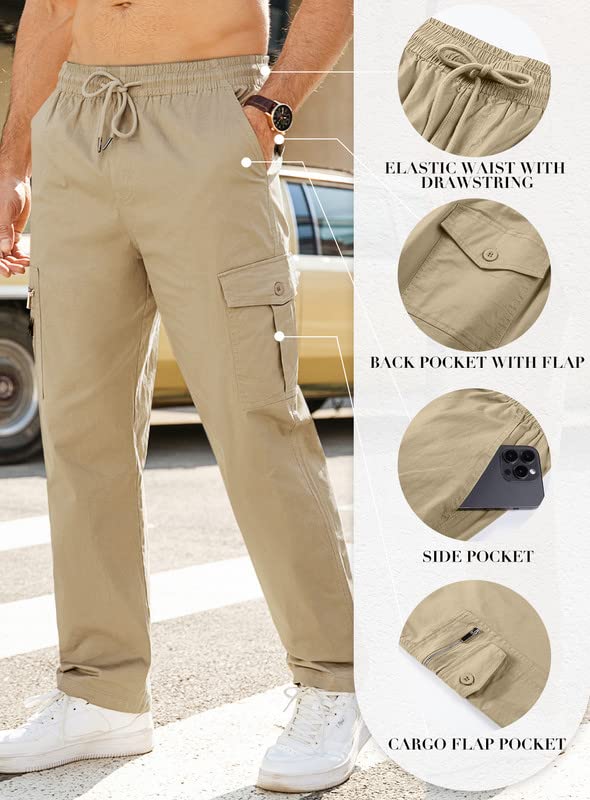 JMIERR Work Pants for Men Casual Cargo Pants Stretch Elastic Waist Relaxed Fit Drawstring Pants Tactical Joggers Sweatpants with Zipper Pockets,US 40(2XL),A Khaki