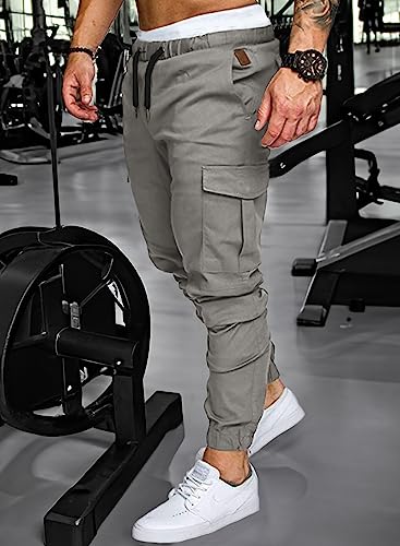 JMIERR Men's Fashion Cargo Pants - Casual Cotton Tapered Stretch Twill Chino Athletic Joggers Sweatpants Drawstring Workout Trousers with Pockets for Men Slim Fit, US 32(S), A Grey 2