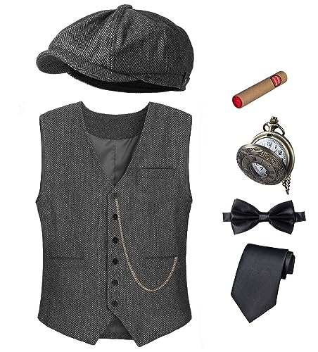 TOGROP 1920s Mens Costume Vest Hat Pocket Watch Accessories Set Adult Party Cosplay Dark grey Large