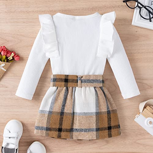 Toddler Baby Girl Skirt Outfit Long Sleeve Ruffle Shirt Top Mini Skirt Set 2Pcs Kids Little Girl Clothes Fall Winter (White,2-3 Years)