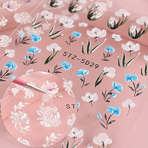 6 Sheets Embossed Flower Nail Art Stickers Decals Exquisite White Flower 5D Self-Adhesive Nail Art Supplies Yellow Pink Blue Lace Floral Nail Art Design Decoration Accessories for Women Manicure DIY