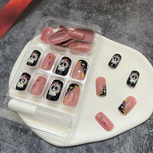 Short Halloween Press on Nails Square Cute Skull Fake Nails with Designs Black Pink Glossy False Nails Halloween Nail Decorations Acrylic Full Cover Glue on Nails Stick on Nails for Women Girls 24Pcs