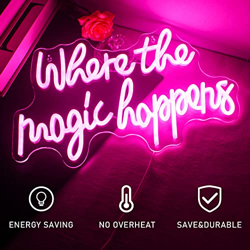 FAXFSIGN Where The Magic Happens Neon Sign Led Pink Word Light Up Signs for Wall Decor Usb Powered Letter Neon Light Signs Indoor Light for Bedroom Salon Decor Wedding Birthday Party Bar Man Cave