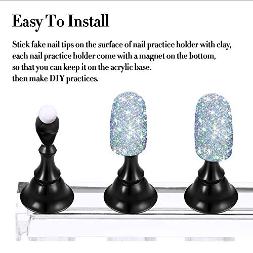 2 Set Acrylic Nail Design Practice Stands Magnetic Nails Holders Training Fingernail Display Stands DIY Nail Crystal Holders and 96 Pieces White Reusable Adhesive Putty (Black)