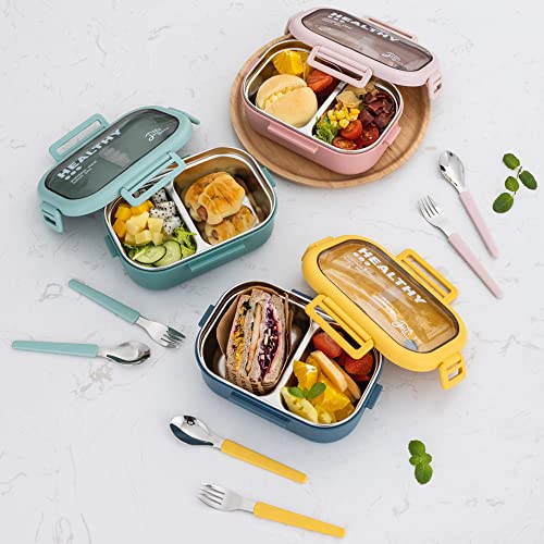 Lille Home 28oz Stainless Steel Leakproof 2-Compartment Bento Lunch Box/Portion Control Food Container with Lunch Bag and Cutlery Set, BPA Free (Blue)