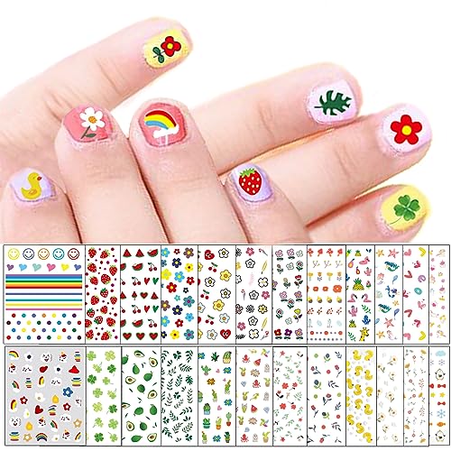 24 Sheets Nail Stickers for Kids, Cute Nail Art Decals for Little Girls, 3D Self-Adhesive Flowers Fruits Leaves Rainbow Hearts Mermaid Snow Nail Decoration for Women, DIY Manicure Supplies Accessories