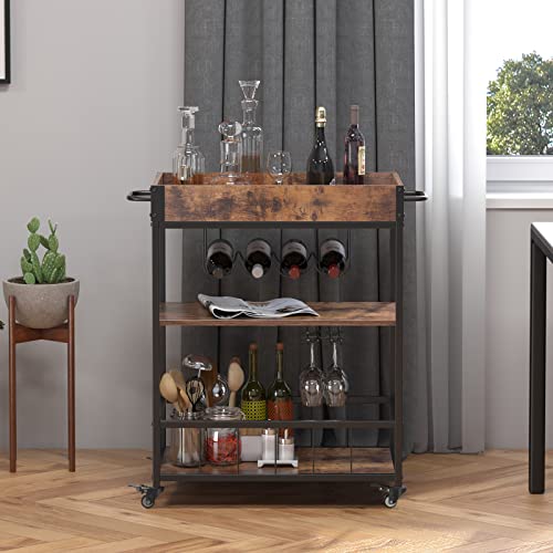 soges Mobile Bar Cart, Kitchen Serving Cart, Outdoors Party Serving Bar Trolley, Rolling Wine Cart with Bottle Glasses Holders, Kitchen Cart with Removable Storage Tray