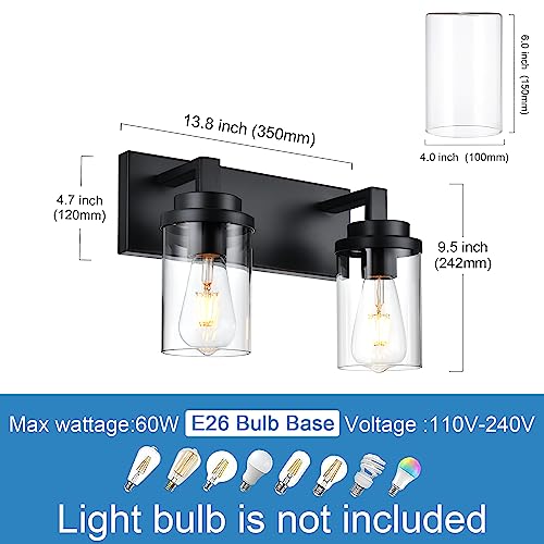 TULUCE 2-Light Vanity Lights, Black Wall Sconces Lighting with Clear Glass Shade Wall Lights for Mirror, Kitchen, Living Room, Gallery, Hallway, E26 Base Bathroom Vanity Lighting