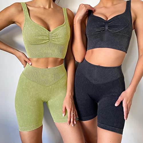 OLCHEE Womens Workout Sets 2 Piece - Seamless Ribbed Acid Wash Yoga Outfits Shorts and Sports Bra Matching Gym Athletic Clothing Set - Green X-Large