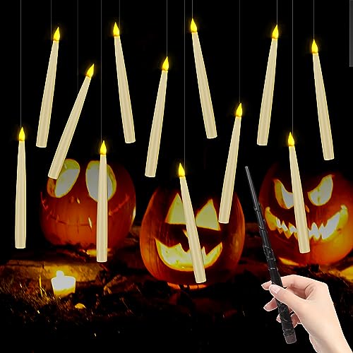 Halloween Decorations,12Pack Floating Candles with Magic Wand Remote,Flameless Taper Candles Flickering Warm Light LED Floating Candles Hanging For Harry Potter Christmas Birthday Party Home Decor