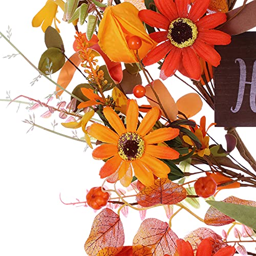 Artificial Fall Wreath with “Hello Fall” Sign,20” Autumn Front Door Wreath Fall Flower Wreath with Pumpkin and Berry for Home Farmhouse Wall Window and Thanksgiving Decor-Beautiful Gift Box Included