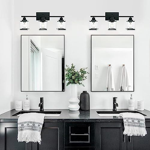 TULUCE 3-Light Bathroom Wall Light Fixtures,Black Bathroom Vanity Light with Clear Glass Shade Modern Wall Sconce for Bathroom Hallway Living Room