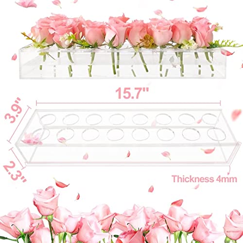 Clear Acrylic Flower Vase Rectangular, 15.7 Inches with 16 Holes for Elegant Flower Centerpiece Decor - Modern Vase for Fresh Flowers, for Wedding Home Dining Table Decor